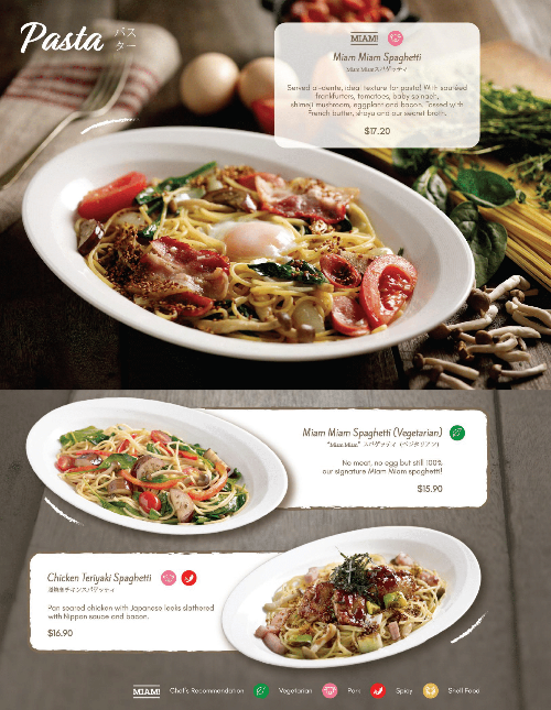 A vibrant menu page showcasing Miam Miam's signature pasta dishes with descriptions and prices.
