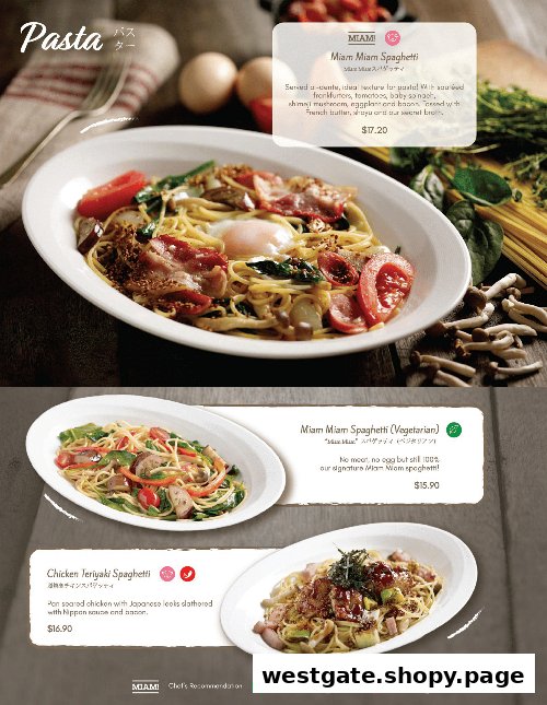 A vibrant menu page showcasing Miam Miam's signature pasta dishes with descriptions and prices.