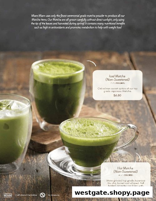 A menu page showcasing Miam Miam's premium Iced and Hot Non-Sweetened Matcha drinks with descriptions and prices.