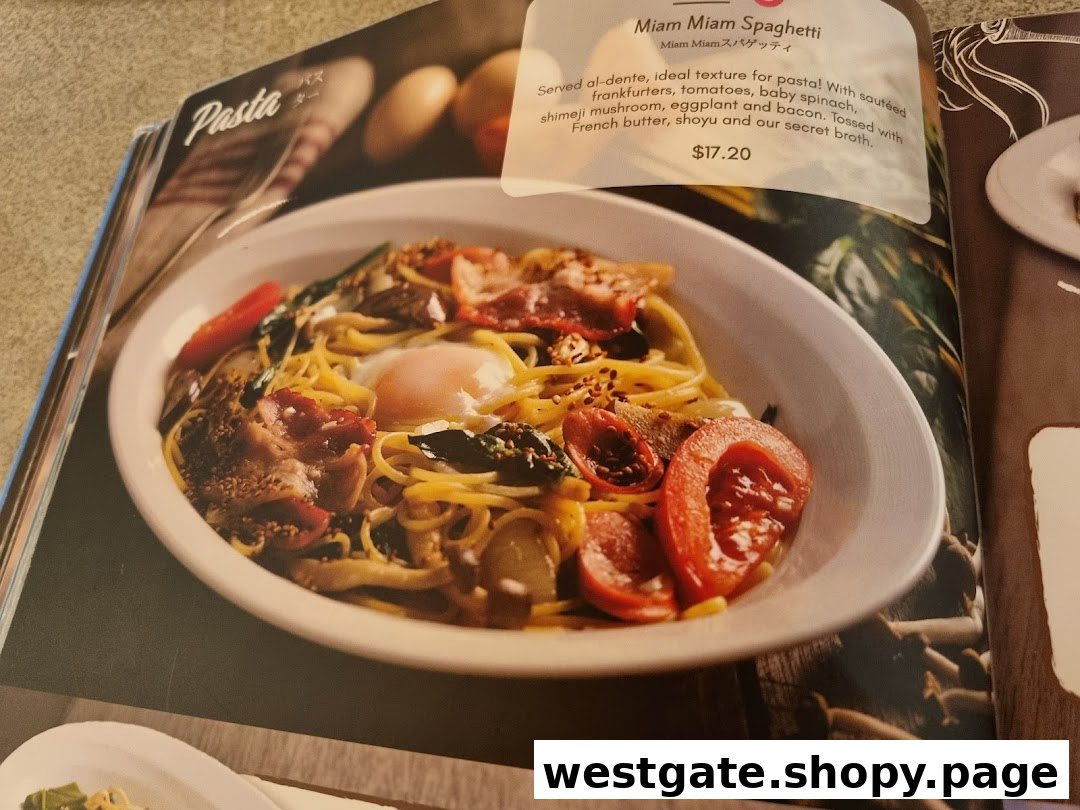 A close-up of the Miam Miam Spaghetti dish and its description from the restaurant's menu.