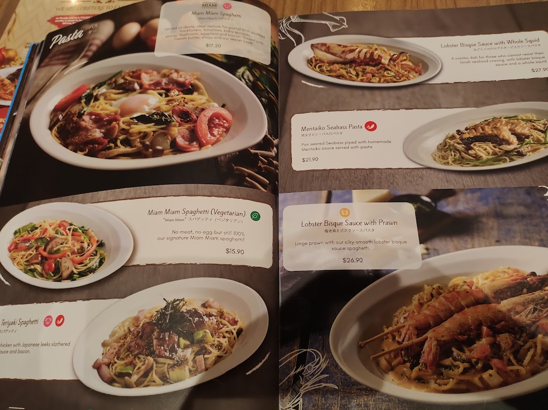 A menu page from Miam Miam Cafe showcasing various French-Japanese fusion pasta dishes.