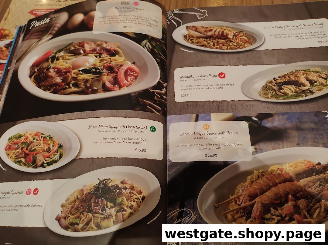 A menu page from Miam Miam Cafe showcasing various French-Japanese fusion pasta dishes.