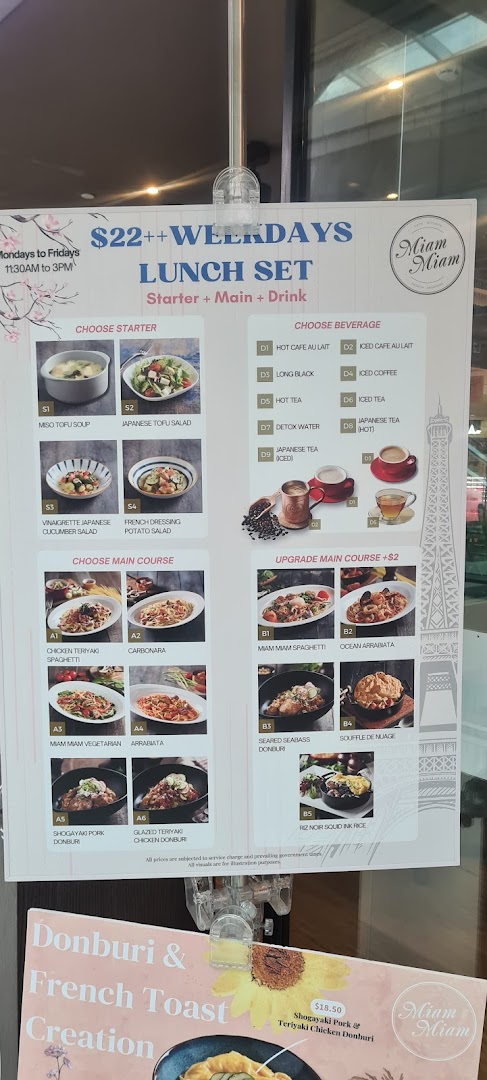 A detailed menu board for Miam Miam's weekday lunch set, featuring French-Japanese fusion dishes.