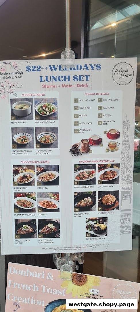 A detailed menu board for Miam Miam's weekday lunch set, featuring French-Japanese fusion dishes.