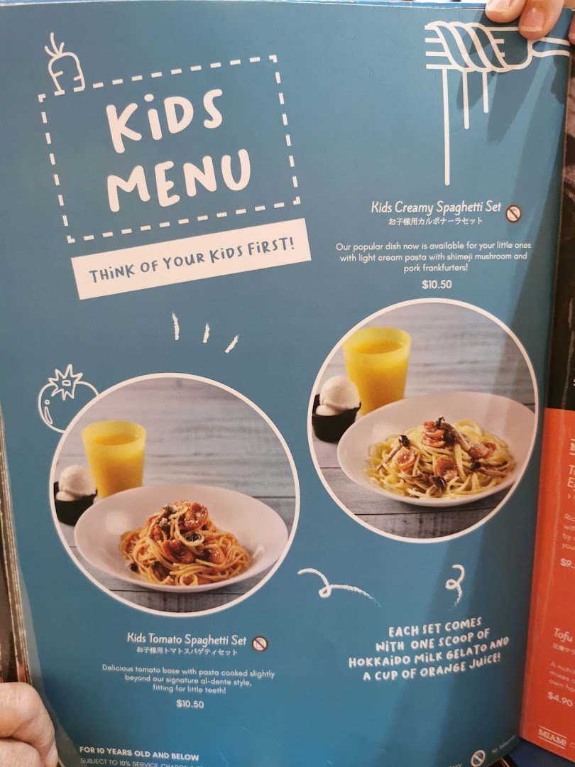 A detailed kids' menu page featuring two spaghetti sets with accompanying drinks and dessert.