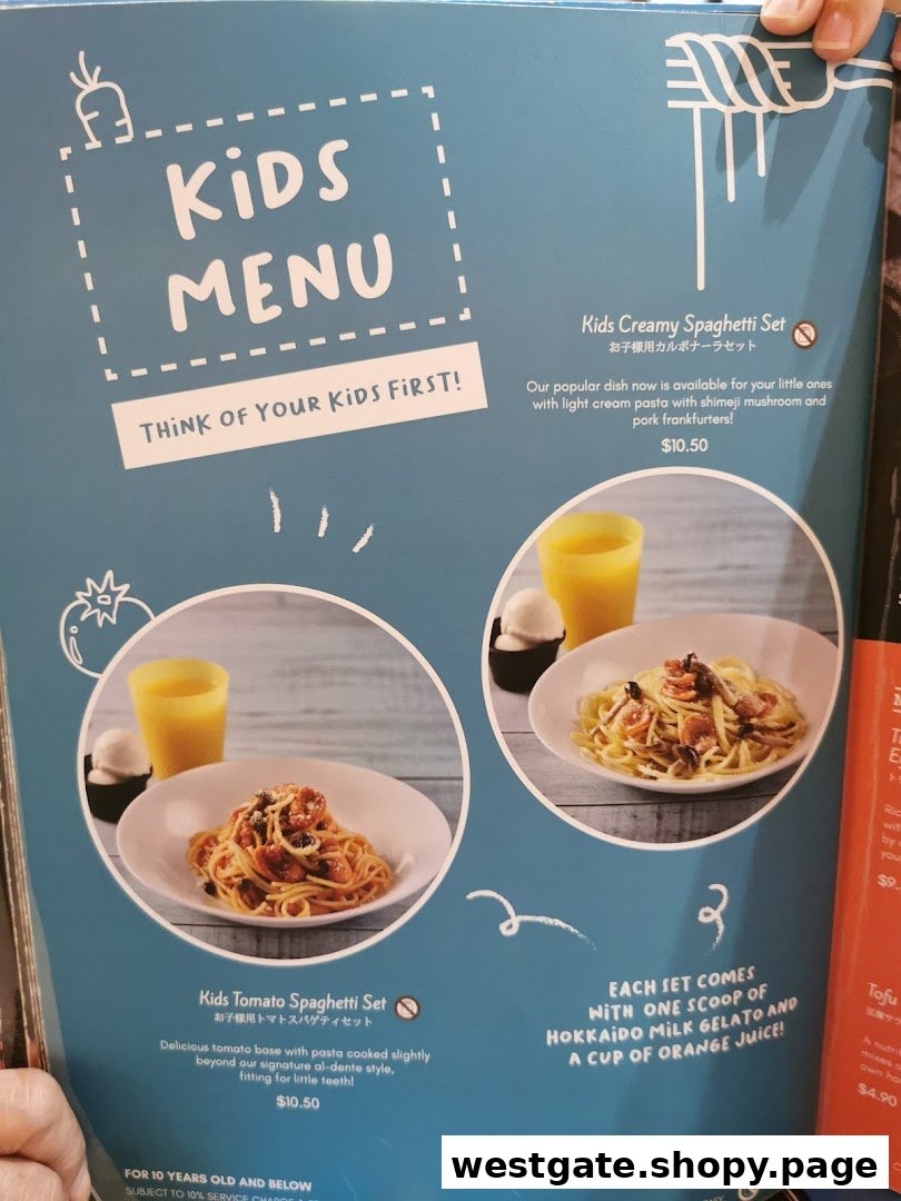 A detailed kids' menu page featuring two spaghetti sets with accompanying drinks and dessert.