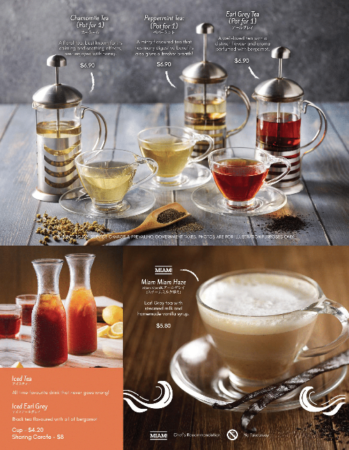 A detailed menu showcasing Miam Miam's selection of hot and iced teas, including prices and descriptions.