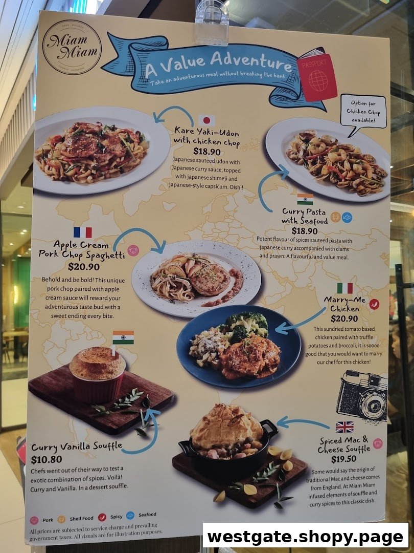 A promotional menu board from Miam Miam French Japanese Cafe Kitchen showcasing "A Value Adventure" fusion dishes.