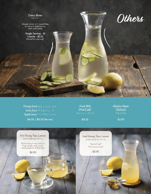 A menu page displaying various refreshing beverages, including detox water, juices, milk, and honey yuzu lemon drinks.
