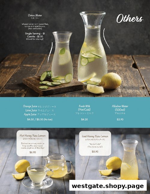 A menu page displaying various refreshing beverages, including detox water, juices, milk, and honey yuzu lemon drinks.