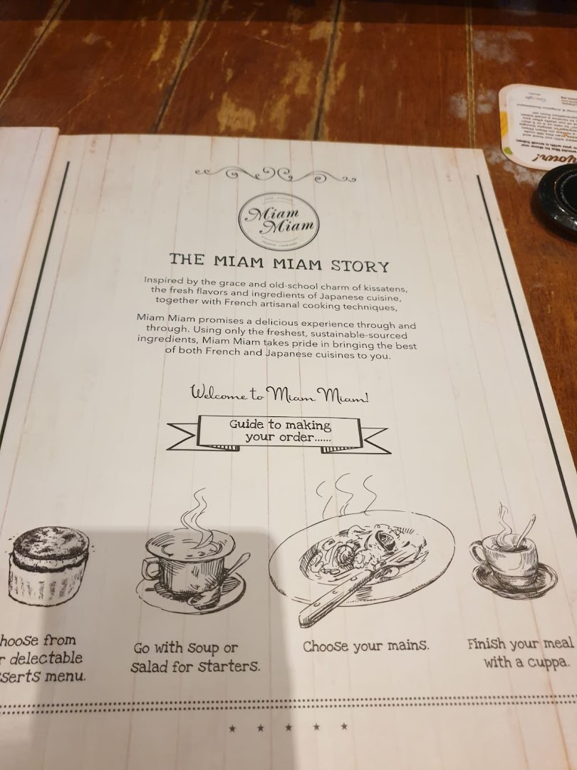 A page from Miam Miam's menu detailing the restaurant's story and guiding customers through the ordering process.