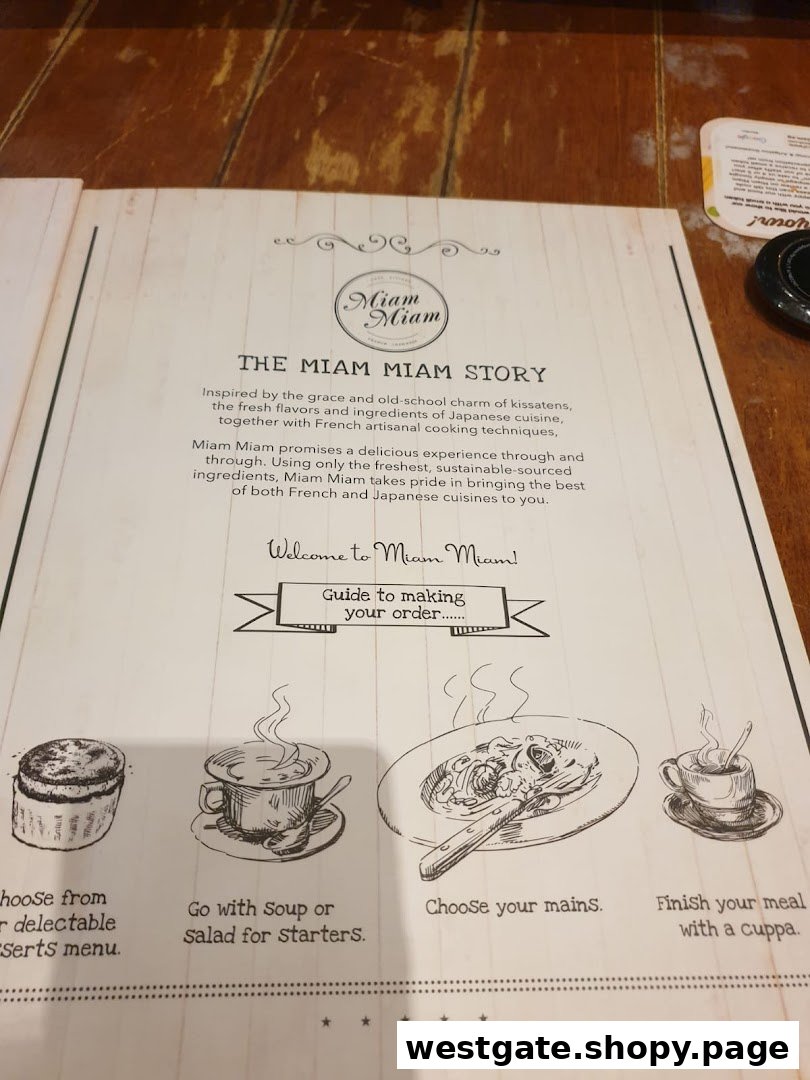 A page from Miam Miam's menu detailing the restaurant's story and guiding customers through the ordering process.