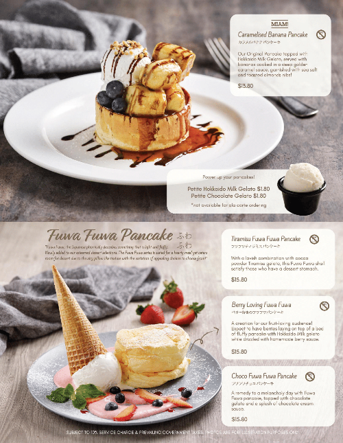 A detailed menu showcasing Miam Miam's signature pancakes and gelato desserts.