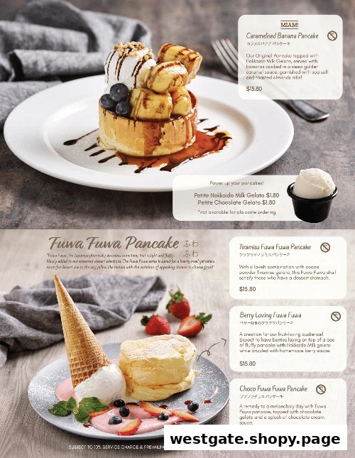 A detailed menu showcasing Miam Miam's signature pancakes and gelato desserts.