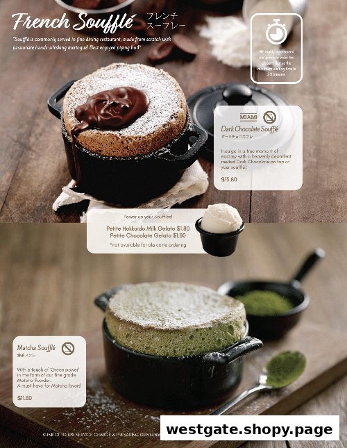 A menu page showcasing delicious French soufflés and gelato add-ons from Miam Miam.