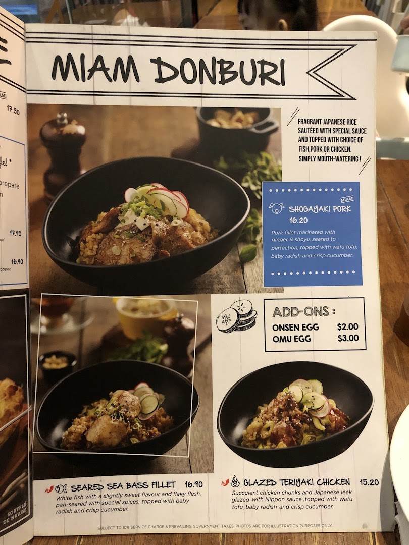 A menu page displaying various Japanese Donburi dishes and add-ons from Miam Miam.