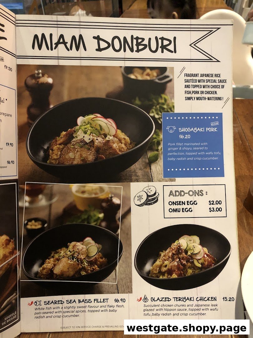 A menu page displaying various Japanese Donburi dishes and add-ons from Miam Miam.