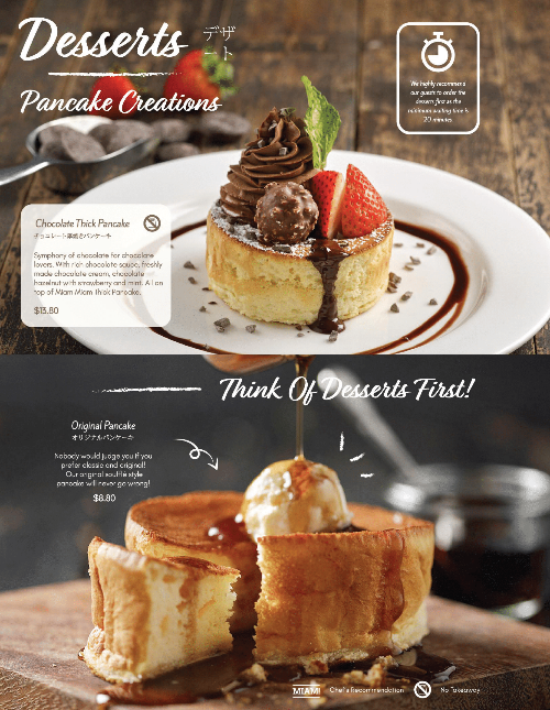 A menu page showcasing Miam Miam's delectable soufflé-style pancake creations, including chocolate and original flavors.