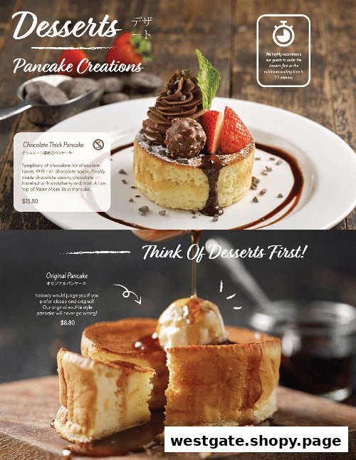 A menu page showcasing Miam Miam's delectable soufflé-style pancake creations, including chocolate and original flavors.
