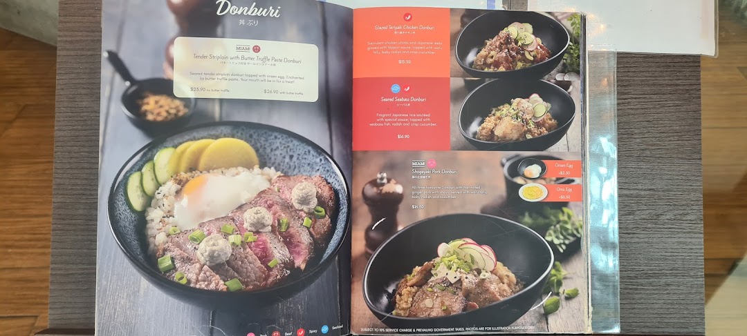 A detailed menu page showcasing various Donburi rice bowls with descriptions and prices.