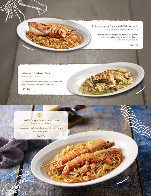 A menu displaying three delectable French-Japanese fusion pasta dishes with seafood.