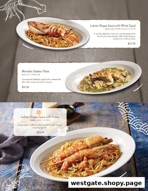 A menu displaying three delectable French-Japanese fusion pasta dishes with seafood.