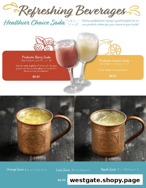 A menu page showcasing refreshing beverages, including probiotic sodas and fresh juices.