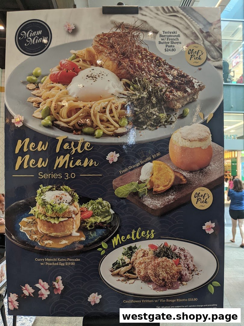 A promotional menu board for Miam Miam showcasing new French-Japanese fusion dishes and desserts.