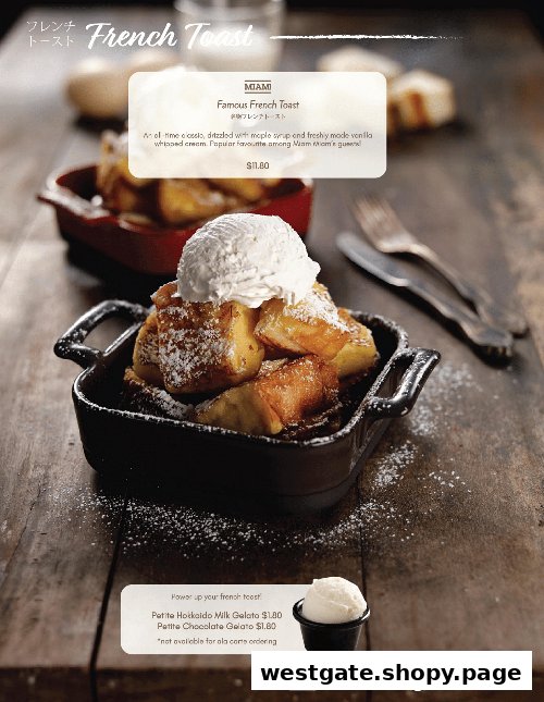 A close-up of Miam Miam's Famous French Toast topped with vanilla ice cream and powdered sugar.