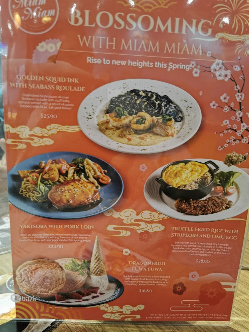 A vibrant menu showcasing Miam Miam's seasonal 'Blossoming' dishes, including main courses and a dessert.