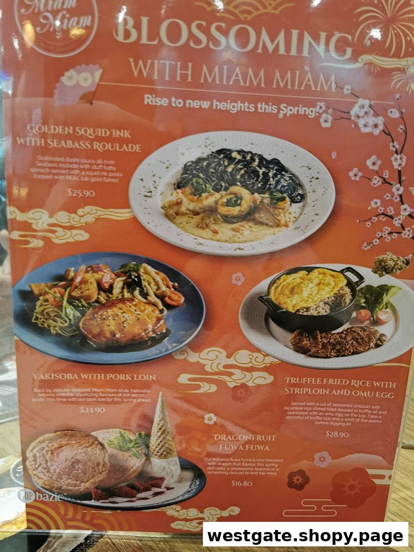 A vibrant menu showcasing Miam Miam's seasonal 'Blossoming' dishes, including main courses and a dessert.