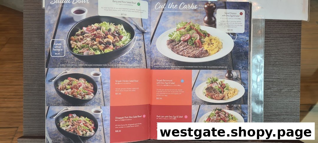 A vibrant menu page showcasing healthy salad bowls and low-carb protein dishes with appealing food photography.