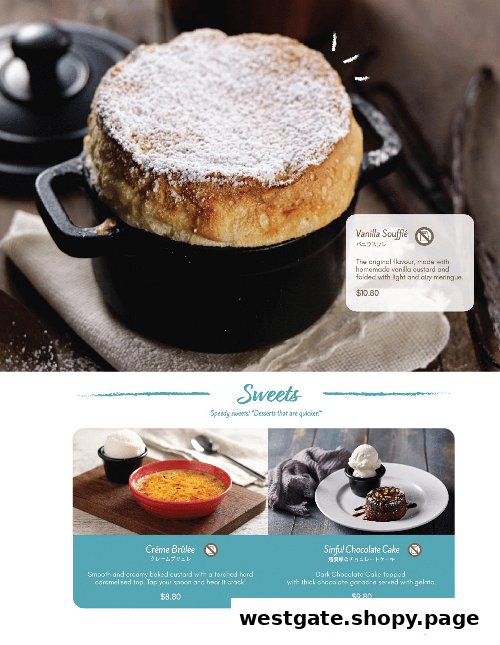 A menu page showcasing delicious French-Japanese dessert options like soufflé, crème brûlée, and chocolate cake.