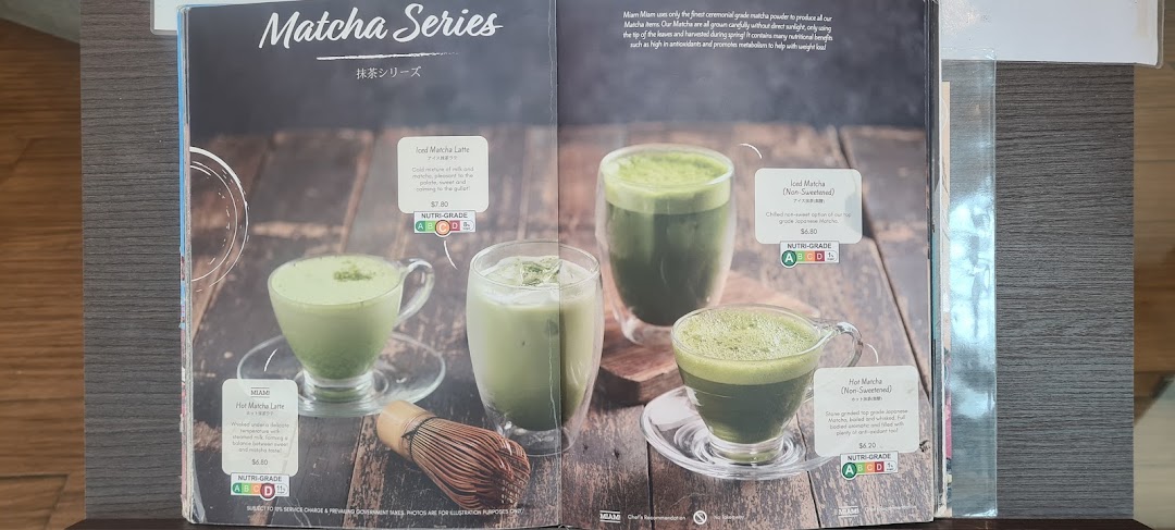 A menu page from Miam Miam featuring a variety of matcha drinks.