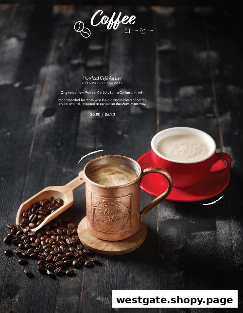 A menu page showcasing Hot/Iced Café Au Lait with its description and pricing.