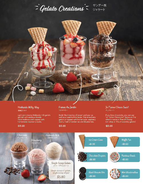 A vibrant menu showcasing various gelato creations and single scoop options with prices and descriptions.