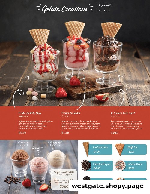 A vibrant menu showcasing various gelato creations and single scoop options with prices and descriptions.