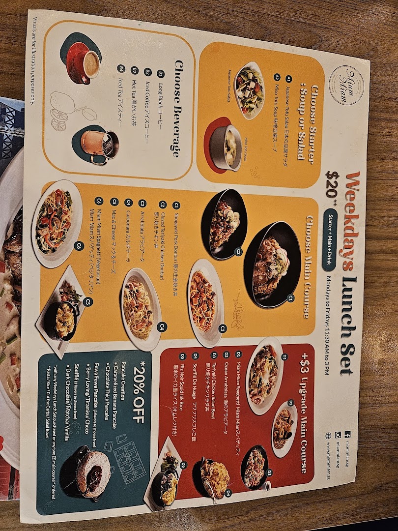 A detailed menu showcasing Miam Miam's Weekdays Lunch Set and dessert offerings.