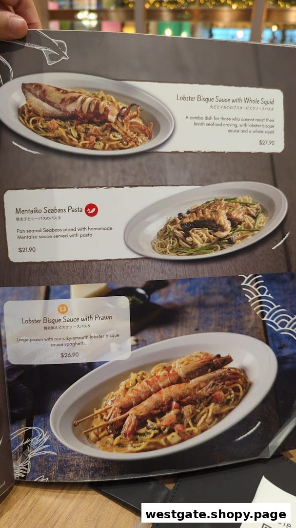 A close-up of a menu page from Miam Miam, showcasing three delectable seafood pasta dishes.