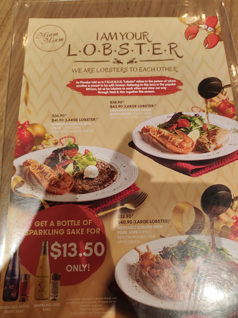A menu page featuring various lobster dishes and a sparkling sake promotion.