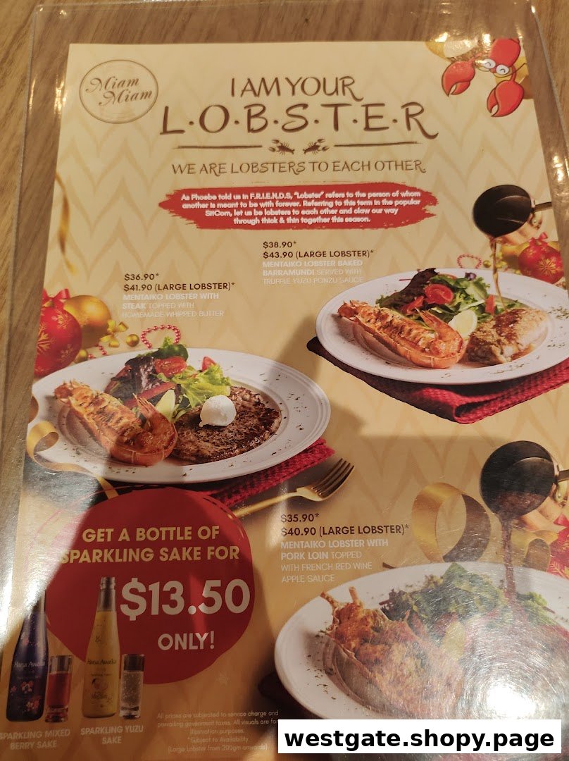 A menu page featuring various lobster dishes and a sparkling sake promotion.