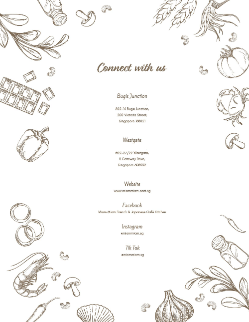 An informational graphic detailing Miam Miam's contact addresses, website, and social media presence.