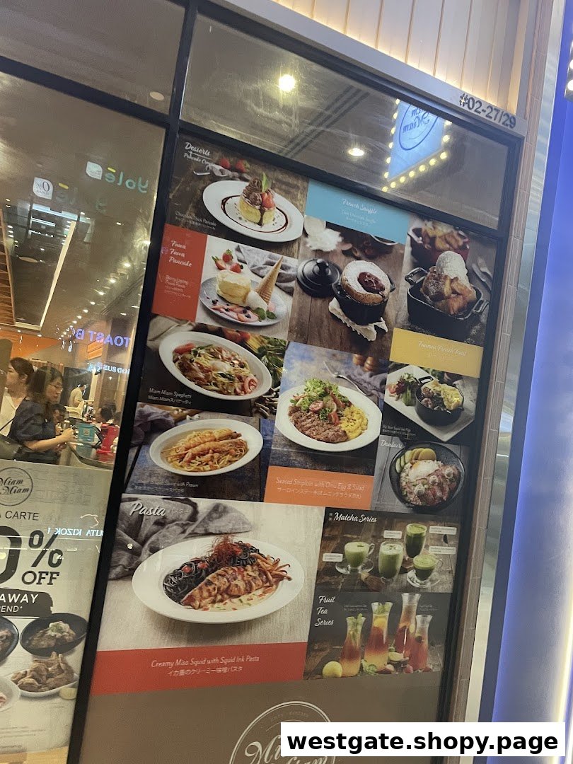 A vibrant display board showcasing Miam Miam's French-Japanese fusion dishes and beverages.