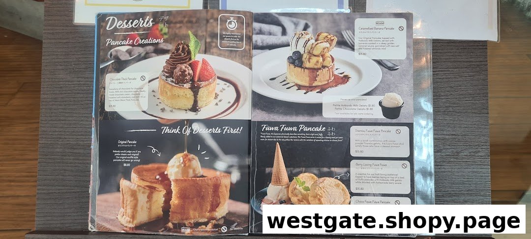 A vibrant menu showcasing various delectable pancake desserts from Miam Miam.