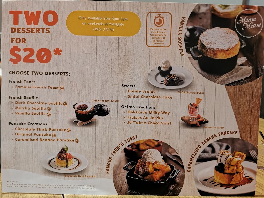 A promotional menu board showcasing a 'Two Desserts for $20' offer with various French and Japanese-inspired sweets.