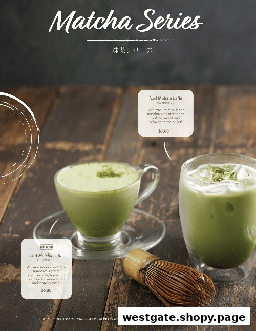A menu page showcasing hot and iced matcha lattes with their descriptions and prices.