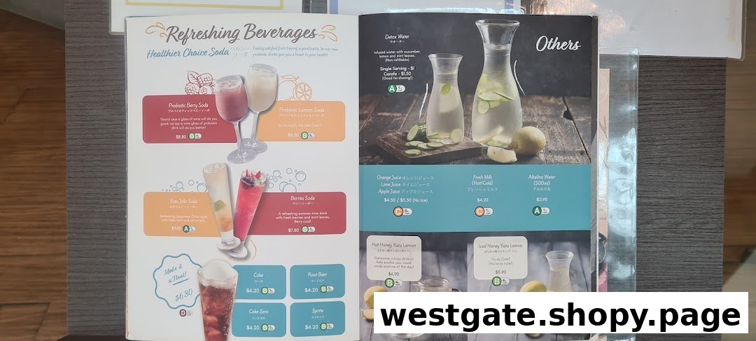 A menu page displaying refreshing beverages, including sodas, juices, and detox water.