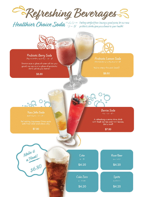 A vibrant menu displaying various refreshing and healthier choice beverages.