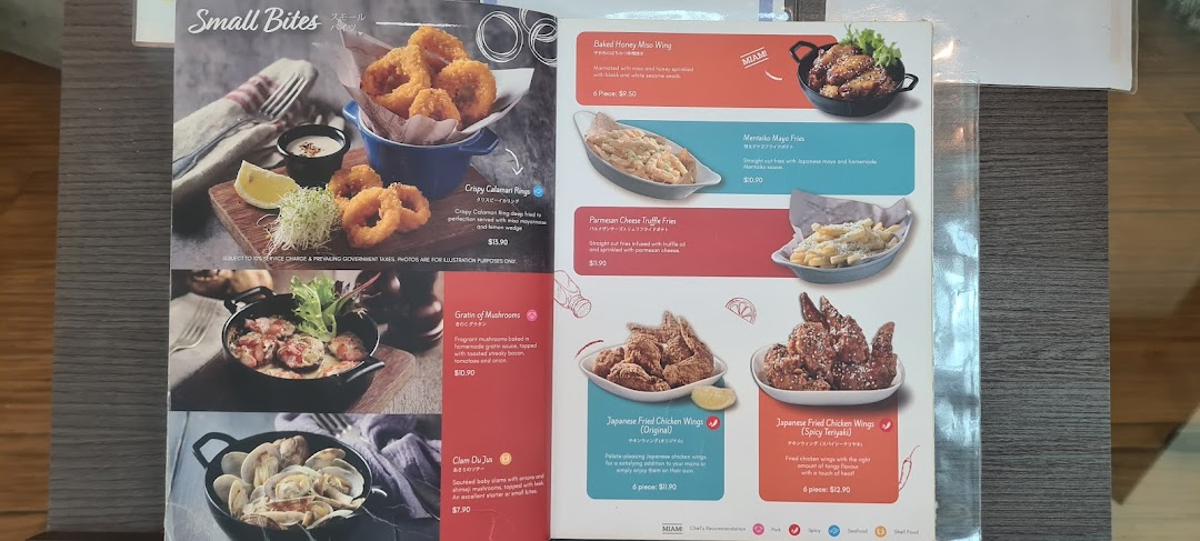A menu page from Miam Miam French Japanese Cafe Kitchen, showcasing a variety of 'Small Bites' appetizers.
