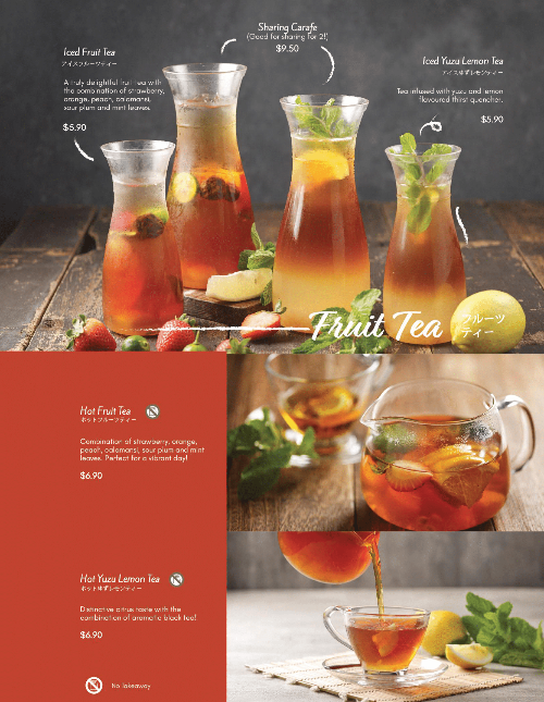 A vibrant menu page showcasing various refreshing fruit teas, both iced and hot, with prices.